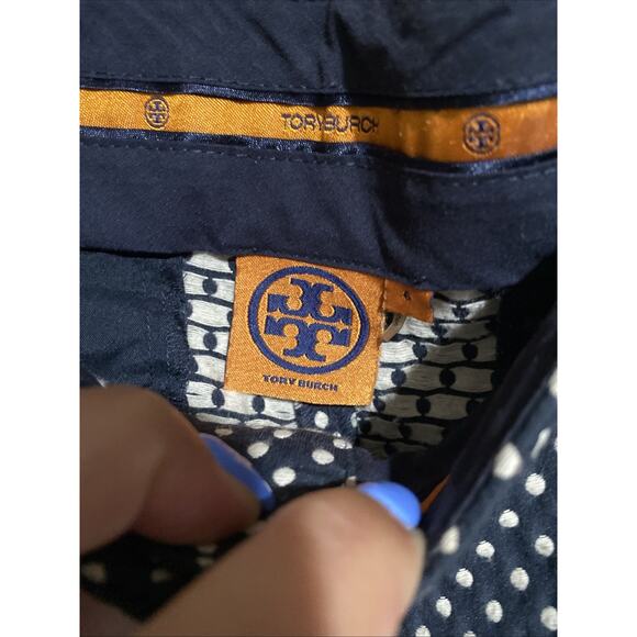 Tory Burch Embroidered Polka Dot Ankle Pant Navy Blue White Cropped Midrise 6 - Picture 4 of 8